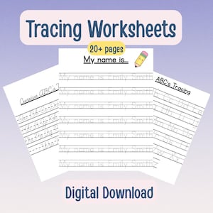 Może przedstawiać: Zestaw białych arkuszy do śledzenia z tekstem "Tracing Worksheets" i "Digital Download". Arkusze zawierają ćwiczenia z pisania kursywą i ABC, z poleceniem "My name is..." i grafiką ołówka.