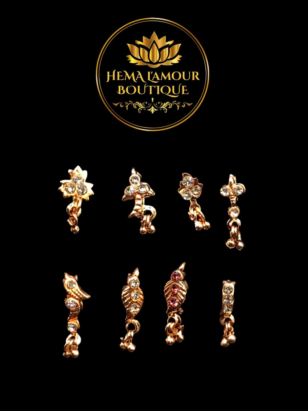 8 Piece Rose Gold Dangle Nose Ring Set Etsy