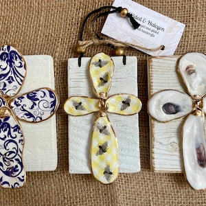 Oyster Shell Crosses Part 3 - natural oyster shells on reclaimed barn or fence board
