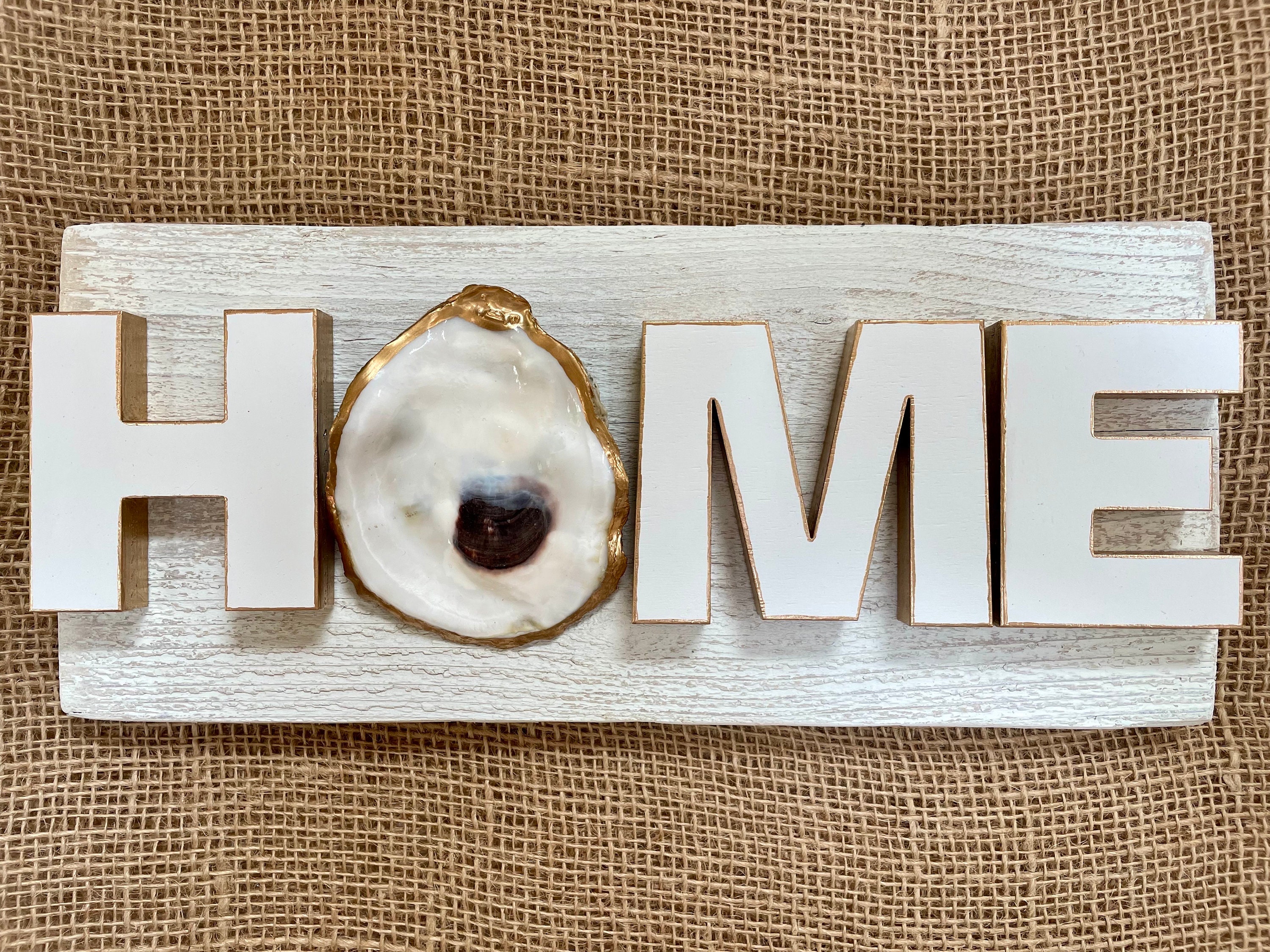 HOME shell home - wall art on barnwood panel with sealed or decoupaged clam or oyster shell