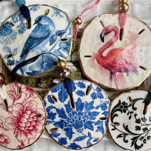 Sand Dollar Ornaments/Danglers  - gilded and decoupaged sand dollars with ribbon loop
