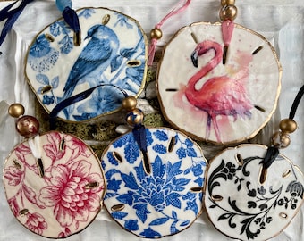 Sand Dollar Ornaments/Danglers  - gilded and decoupaged sand dollars with ribbon loop