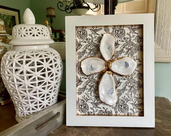 Whitewashed Oyster Shell Cross - Oyster shell cross on painted and decoupaged wood panel