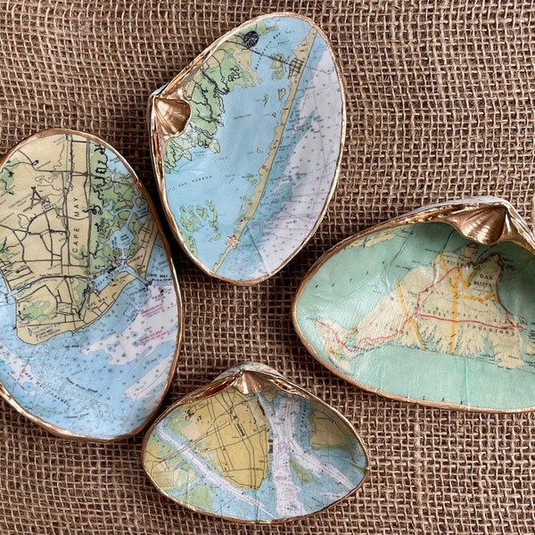 Map or NOAA chart shells- gilded and decoupaged natural clam shells