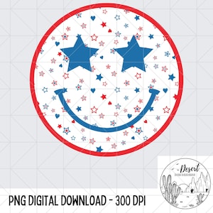 Rood Wit en Blauwe Ster Retro Smiley PNG - Smiley - 4 juli Ontwerp PNG - Ontwerpen Downloads - Sublimatie - Vintage Design