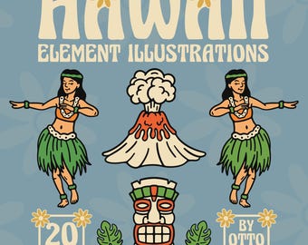 Hawaii Clipart Bundle, 20 Hand-drawn Beach SVG PNG, Tropical Summer Ocean Illustrations (Digital Download)