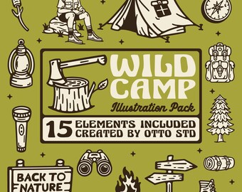 Vintage Wild Camp Outdoor Illustrations, SVG, PNG, Vector, Hand-drawn Elements, Camping Clipart, Wilderness