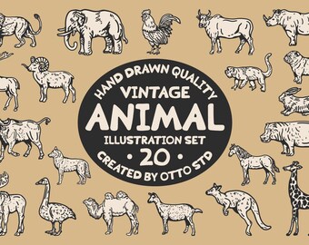 Vintage Animal Illustrations Clipart, Hand Drawn Wildlife Graphics, 20 SVG PNG (Digital Download)