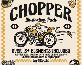 Vintage Chopper Motorcycle Illustration Pack, Biker PNG, Template, Sticker Decal (Digital Download)