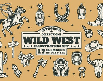 Hand Drawn Cowboy Vector Bundle, 17 Western Clipart PNG SVG, Whimsical Wild West Doodles