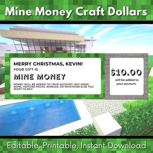 Plantilla editable de vale de regalo para juegos de Mine Money Craft Dollar Descarga Green Pixels