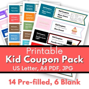 Kinder Coupon Buch, Film Leckereien und Hausarbeit Ticket Pack Printable PDF JPG A4 US Letter