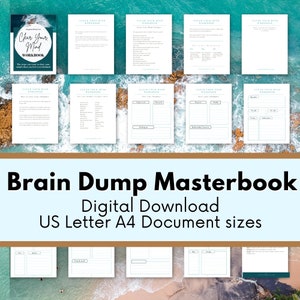 May include: A digital download of a "Clear Your Mind Workbook" brain dump masterbook. The workbook is available in US Letter and A4 document sizes. The cover image features a blue and white beach scene.