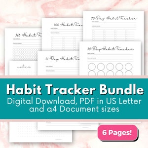 May include: A printable habit tracker bundle with six pages in US Letter and A4 sizes. The bundle includes trackers for 365 days, 100 days, 90 days, 30 days, and 21 days. The trackers feature a simple design with circles for marking habits.