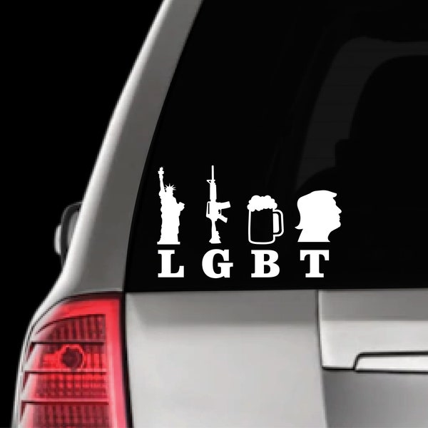 LGBT Liberty Guns Beer Trump window vinyl sticker, Liberty Guns Bible Trump option