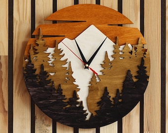Mountain wall clock, Forest wall clock, Mountain clock, Forest wood clock, Mountain wood wall art, Wood wall clock, Wooden wall clock