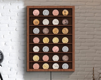 Wood Military Coin Holder, Engraved military coin holder, Coin holder shelf, Coin Hanging Display Case, Coin display stand shelf