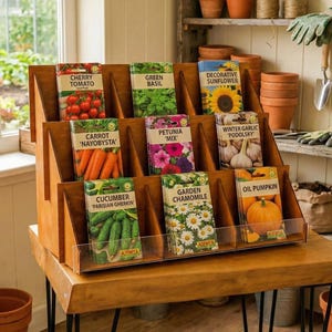 Pu&ograve; includere: Un espositore in legno con bustine di semi di varie verdure e fiori. Le variet&agrave; di semi includono pomodorini, carote, cetrioli, basilico, petunia, girasole, aglio, camomilla e zucca. L'espositore &egrave; su un tavolo di legno.