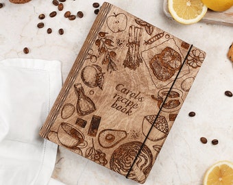 Mom&#39;s Custom Recipe Book, Cooking Lover Birthday Gift, Wooden Cook Book with Personalized Book Spine