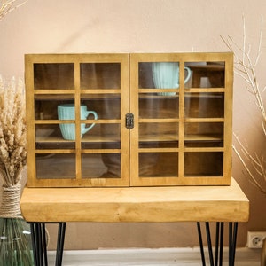 Holz Vitrine, Vitrine für Sammlerstücke, Vitrine für Tassen, Vitrine mit Glastür, Wandvitrine mit Glastüren