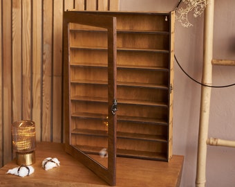 Présentoir en bois, Présentoir pour objets de collection, Présentoirs, Présentoir, Présentoir pour figurines, Vitrine avec porte en verre