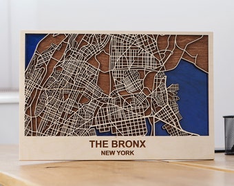 De Bronx Vintage Houten Stadskaart, Bronx Kaart, New York Kaart Kunst, Bronx City Road Map Poster, Vintage Gift Map, Epoxy Decor