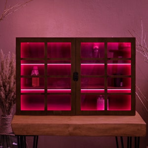 Wood display shelf, Display case for cups, Display case for collectible, Display cabinet with glass door, Wall display case with glass doors
