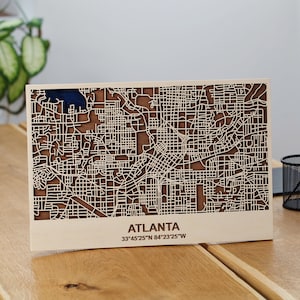 Mapa Atlanta Wood, Mapa ulic 3D, Sztuka ścienna podróżnicza, Warstwy Mapa miasta, Dekoracja artystyczna drewnianej mapy ściennej Georgia, Unikalny prezent z drewna, Plan miasta ATL 3D