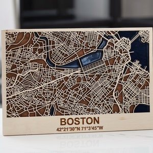 Mappa del legno di Boston, Strade Mappe 3D Travel Wall Art, Mappa della città 8x12, Mappa della parete in legno Art Decor, Regalo unico in legno, Piano della città 3D