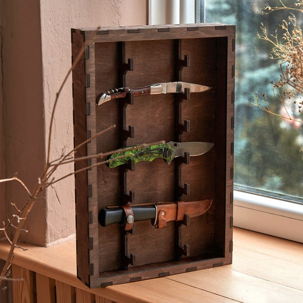 Knife display case, Knife wood storage shelf, Knife organizer, Pocket knife display shelf, Wooden shelf knife case, Knife rack holder