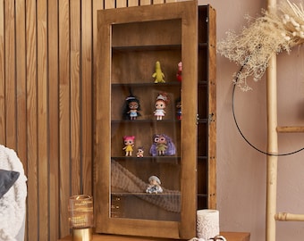 Display shelf case, Wood Display for collectibles, Display case for figures, Display case cabinet with glass door, Wood figure display shelf