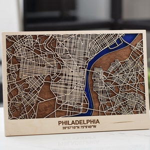 Carte murale en bois Art Decor Philadelphie Carte 3D Anniversaire Wanderlust Cadeau Street Map Industrial Home Decor Travel Gift Office Decore