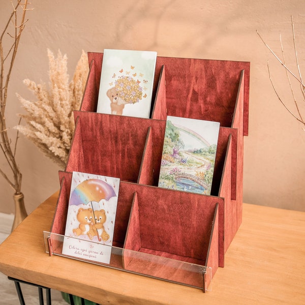 Greeting Card 6 Pocket Wooden Stand, Counter Top Card or Seed Display Stand, Postcard rack display, Shop display stand, Stand Sticker Holder