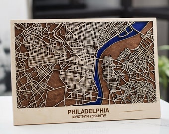 Wooden Wall Map Art Decor Philadelphia Map 3D Birthday Wanderlust Gift Street Map Industrial Home Decor Travel Gift Office Decore