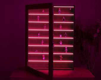 収集品用LEDディスプレイ、ガラス扉付きフィギュア用ディスプレイキャビネットケース、LED付き木製ディスプレイケース、ディスプレイ棚、ディスプレイ棚