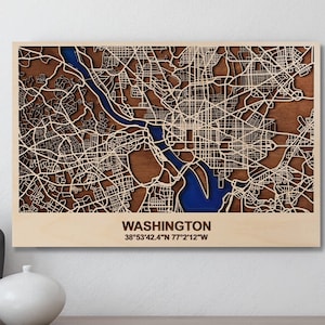 3D Plan de la ville Ville Woodland Plan de la ville Washington DС Art Mari Femme Cadeau Mid Century Wall Decor Rustique Nouvelle Maison Pendaison de crémaillère