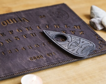 Ouija board from wood, classic spirit board Ouija, Occult practice, Spirit game for talking to the souls of the dead, Witchcraft decor