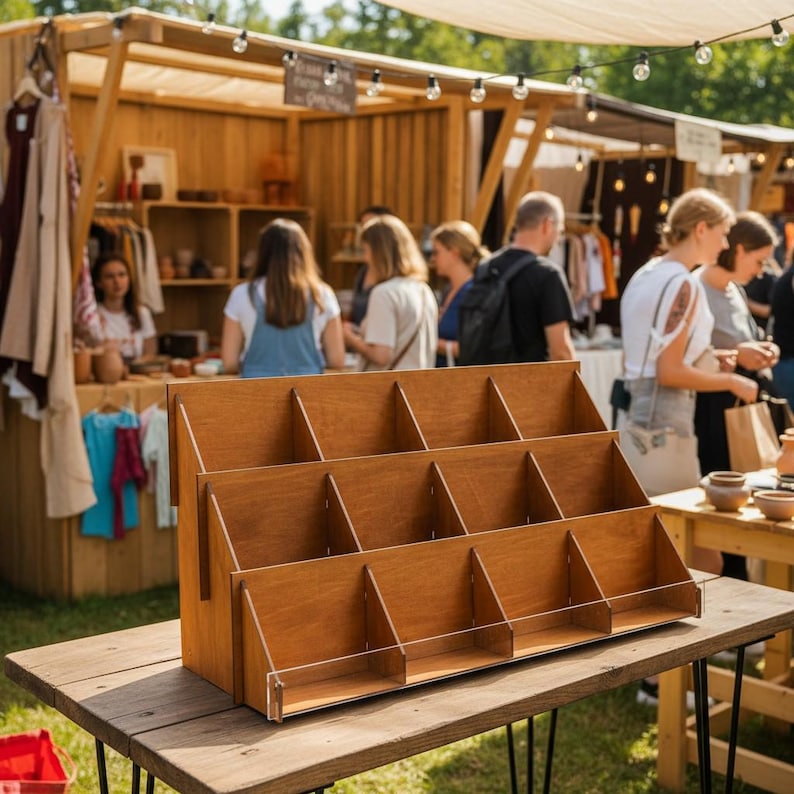Pu&ograve; includere: Un espositore in legno con pi&ugrave; scomparti &egrave; appoggiato su un tavolo di legno rustico in un mercato all'aperto. L'espositore &egrave; in legno marrone chiaro e ha divisori in plastica trasparente. I clienti sfogliano le bancarelle del mercato sullo sfondo.