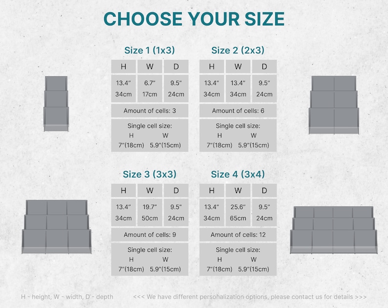 Pu&ograve; includere: Immagine che mostra le opzioni di dimensioni per un prodotto, con il testo "CHOOSE YOUR SIZE" in alto. Sono mostrate quattro dimensioni, con dimensioni in pollici e centimetri per altezza, larghezza e profondit&agrave;. Ogni opzione di dimensione include una rappresentazione visiva del prodotto.