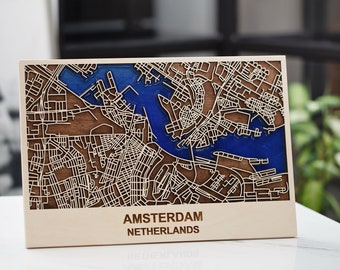 Amsterdam Epoxy en Houten Stad 3d Plan, Straatuitsparingen | 8x12 in Kaart, Houten Wandkaart Art Decor, Nederland Hoofdstad Houten Kaart