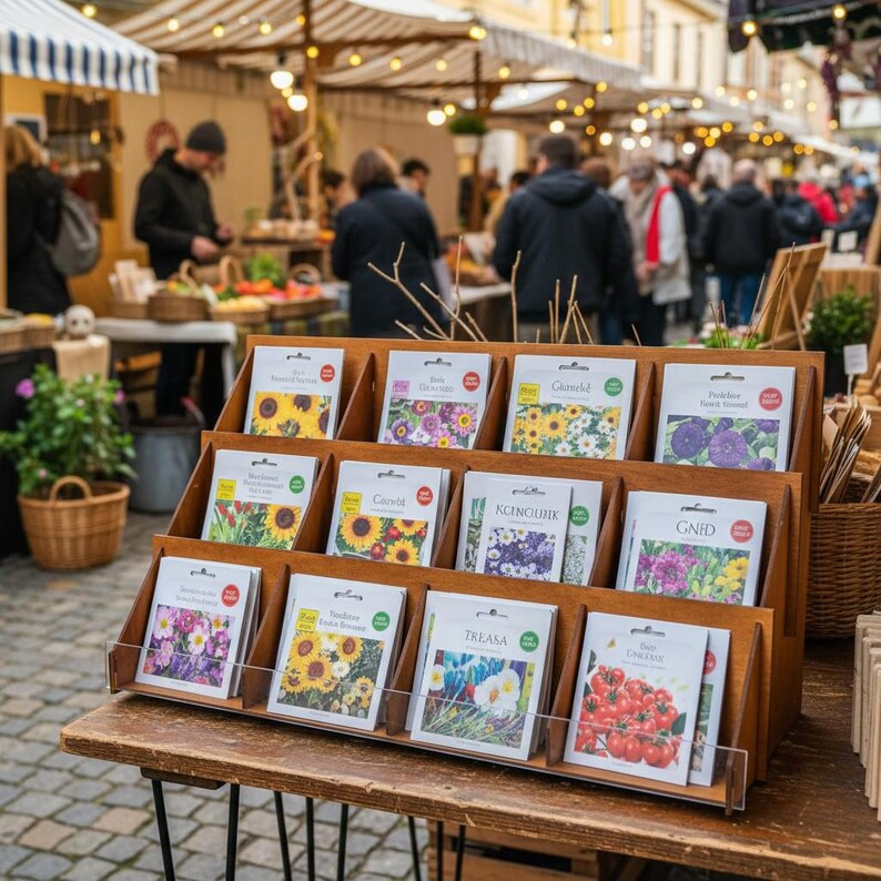 Pu&ograve; includere: Un espositore in legno in un mercato, pieno di bustine di semi. Le bustine presentano illustrazioni colorate di fiori e verdure, tra cui girasoli e pomodori. L'espositore &egrave; su un tavolo di legno, con persone e bancarelle sullo sfondo.