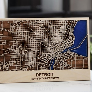Detroit En bois et époxy 3D City Map Wall Art, Laser Cut City Map, Wooden, Laser Cut Street Map, Map Wall Art, Moving Away Gift Best Friend