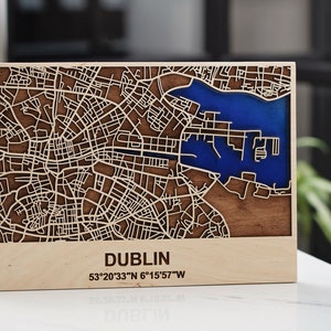Dublin Wood and Epoxy Map, Street 3D Maps Travel Art, Mappa urbana di Dublino, Irlanda Wooden Map Decor, Regalo unico in legno, 3D City Plan