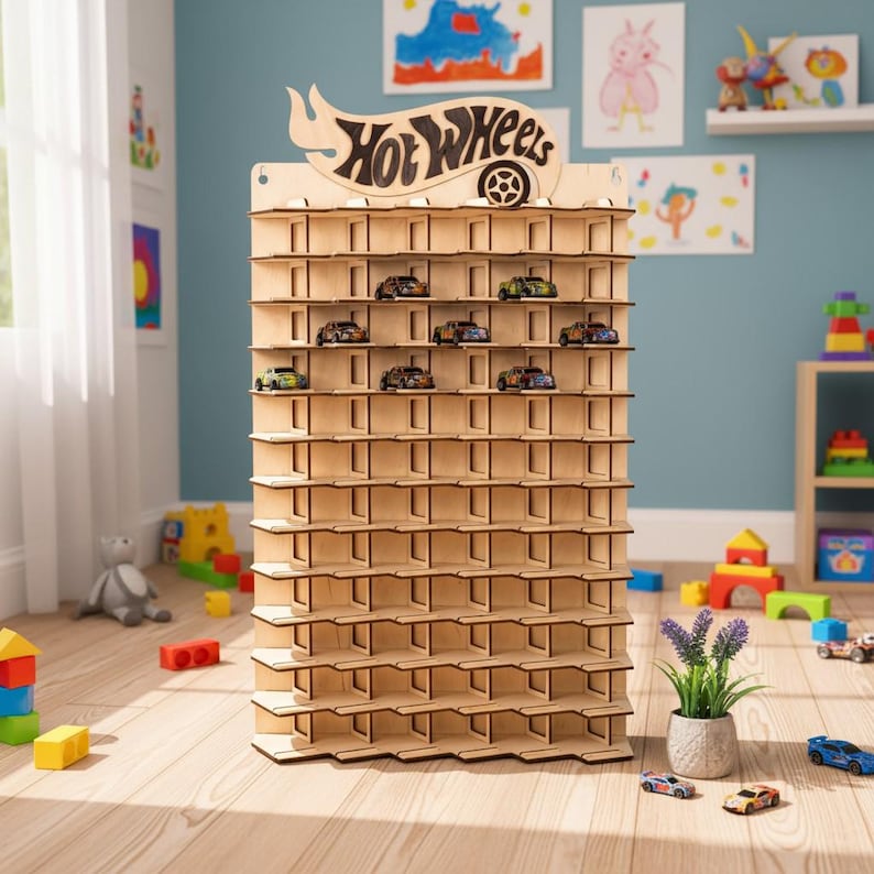 May include: A light-coloured wooden display rack featuring a Hot Wheels logo at the top. The unit has multiple horizontal shelves with vertical dividers creating individual compartments for small toy cars, with several cars placed on the shelves.