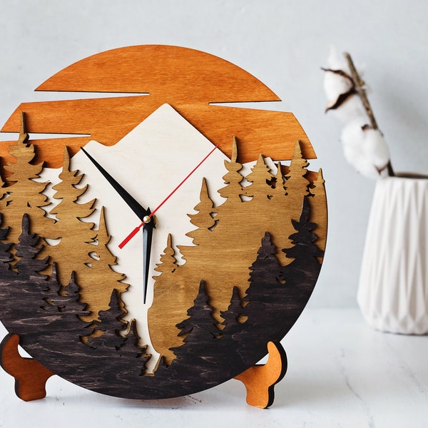 Mountain wall clock, Mountain clock, Mountain wood wall art, Forest wall clock, Forest wood clock, Wood wall clock, Wooden wall clock