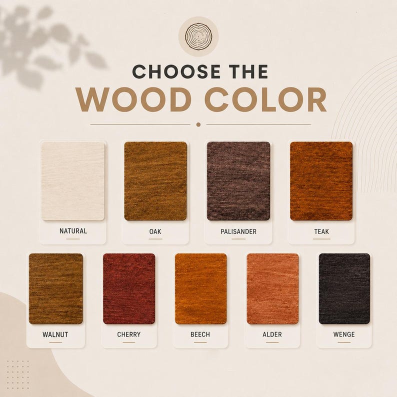 Puede incluir: Una tabla de colores de madera con el texto CHOOSE THE WOOD COLOR y nueve muestras cuadradas etiquetadas como Natural, Oak, Palisander, Teak, Walnut, Cherry, Beech, Alder y Wenge, cada una con una textura y tono de veta distintos.