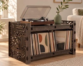 Vinyl Record Storage, Turntable Stand, LP Collection Organizer, Wooden Media Console