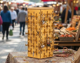 Wood Jewelry Stand, Hexagon Shelf, Necklace Organizer, Craft Fair Retail Stand for Jewelry Storage & Keychain Display
