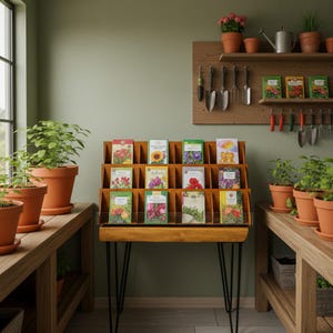 Pu&ograve; includere: Un espositore in legno con confezioni di semi con illustrazioni floreali. L'espositore ha una finitura in legno scuro e gambe a forcina nere. Piante in vaso e attrezzi da giardinaggio sono visibili, creando un tema di giardinaggio.