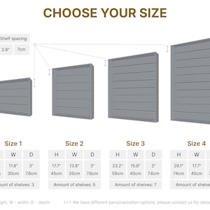 May include: Diagram showing four different sizes of a gray wooden shelf unit with 3, 5, 7, and 9 shelves. The shelf spacing is 2.8 inches or 7 centimeters. The dimensions of each shelf unit are listed in inches and centimeters. The text "Choose Your Size" is at the top of the image.